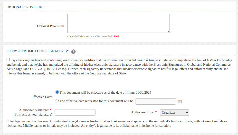 Optional Provisions and Signing the Registration